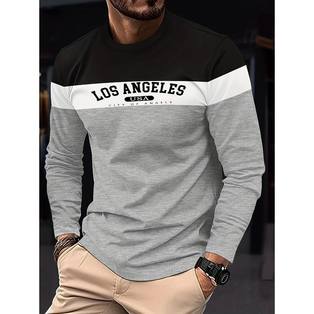 Autumn Fashion Men's Los Angeles Print Long Sleeve T-shirt Stripe Patchwork Casual Sweatshirts Sports Pullover Oversized Tops