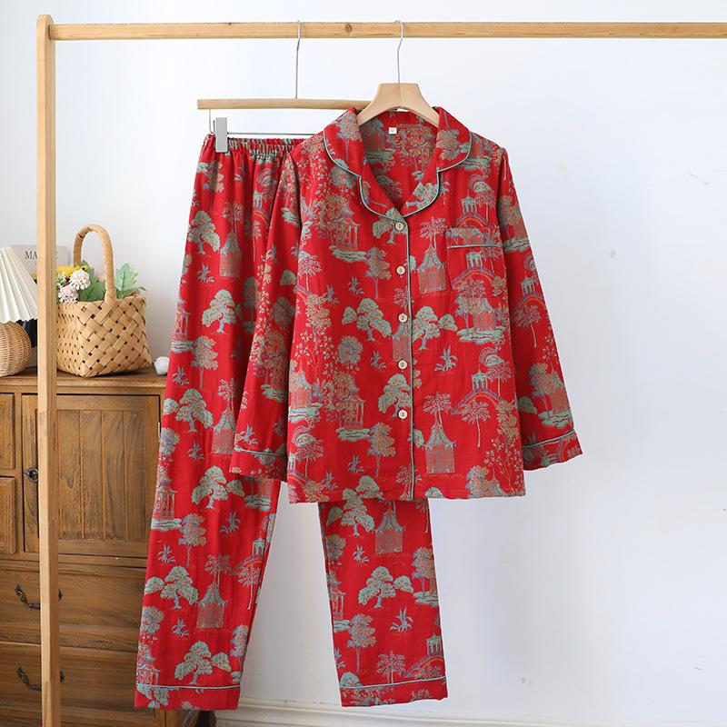 2026 New Spring and Autumn Women's Pajama Set 100% Cotton Gauze Retro Color Knitted Home Clothes Long Sleeve Set Sleepwear