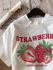 Womens Casual Shirt with Round Neck and White Strawberry Print with Red Graphic Summer Sleeved Harajuku Streetwear Tops Tees