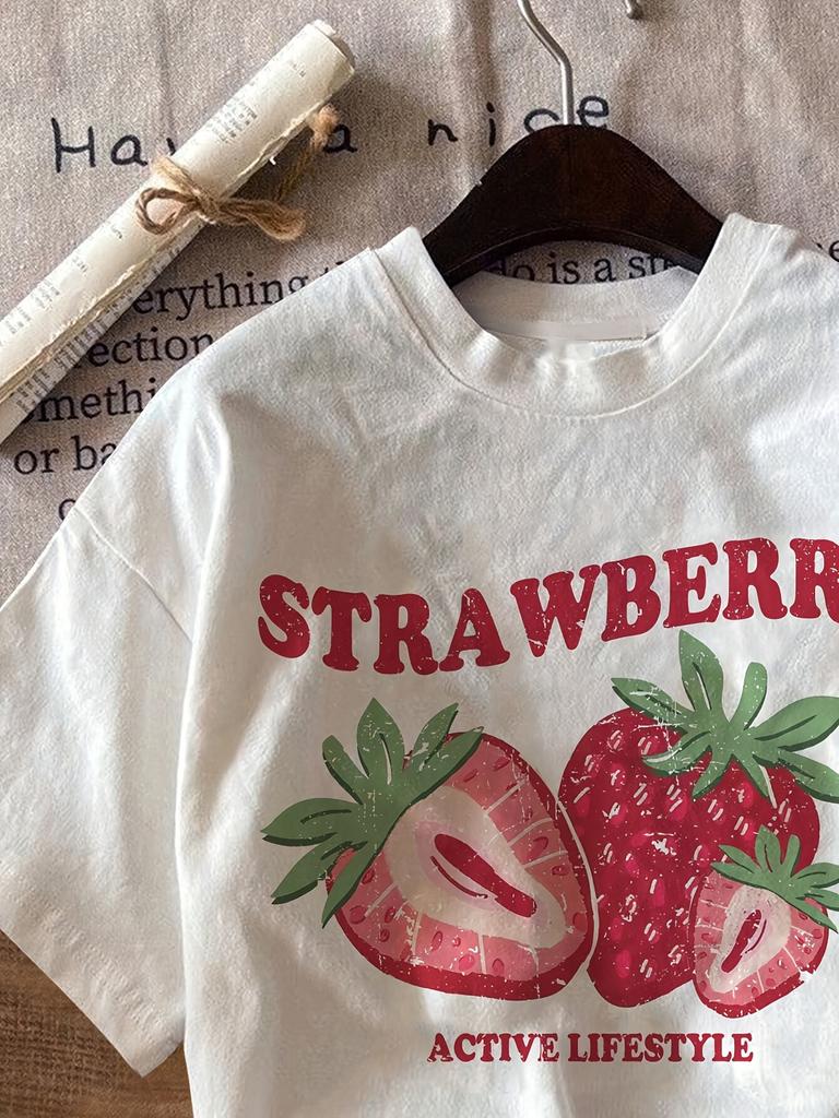 Womens Casual Shirt with Round Neck and White Strawberry Print with Red Graphic Summer Sleeved Harajuku Streetwear Tops Tees