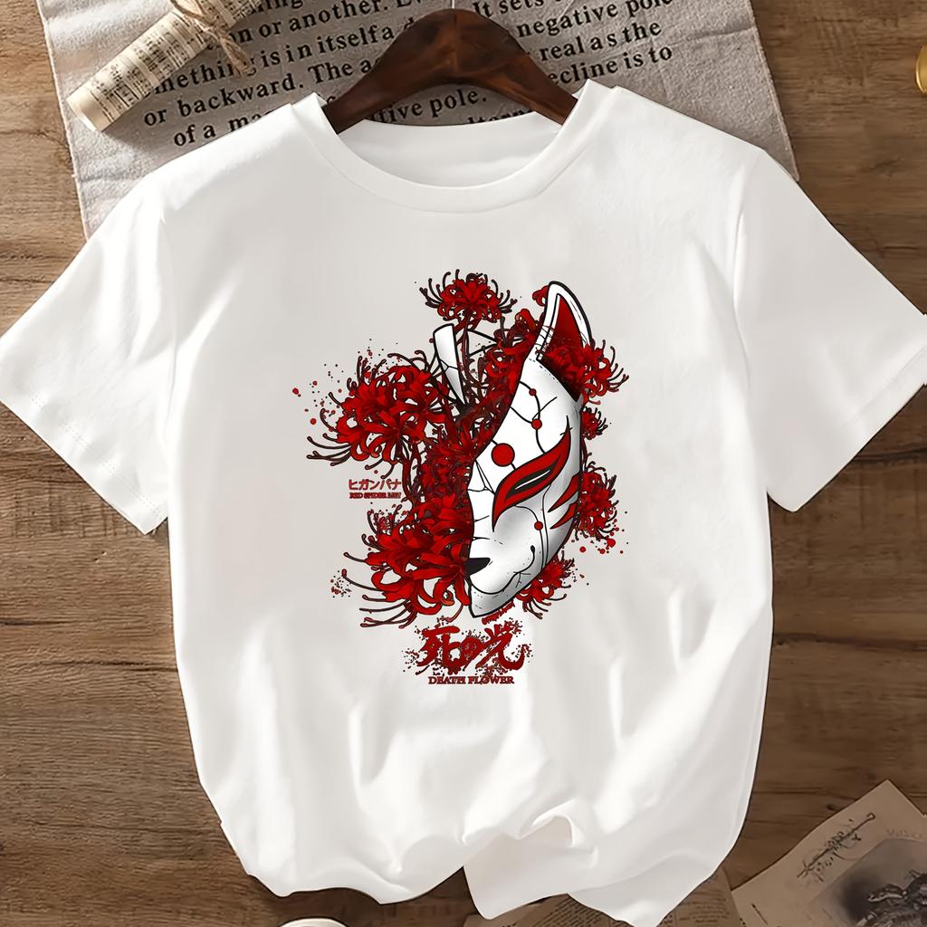 Men and Women Japanese Kitsune Fox Mask Sakura Cherry Blossom Graphic T-Shirt Black Red Floral Print Men Clothing