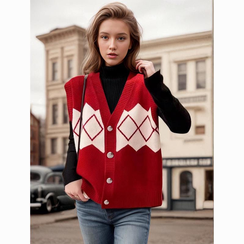 European & American V-Neck Color Block Sleeveless Vest for Autumn/Winter