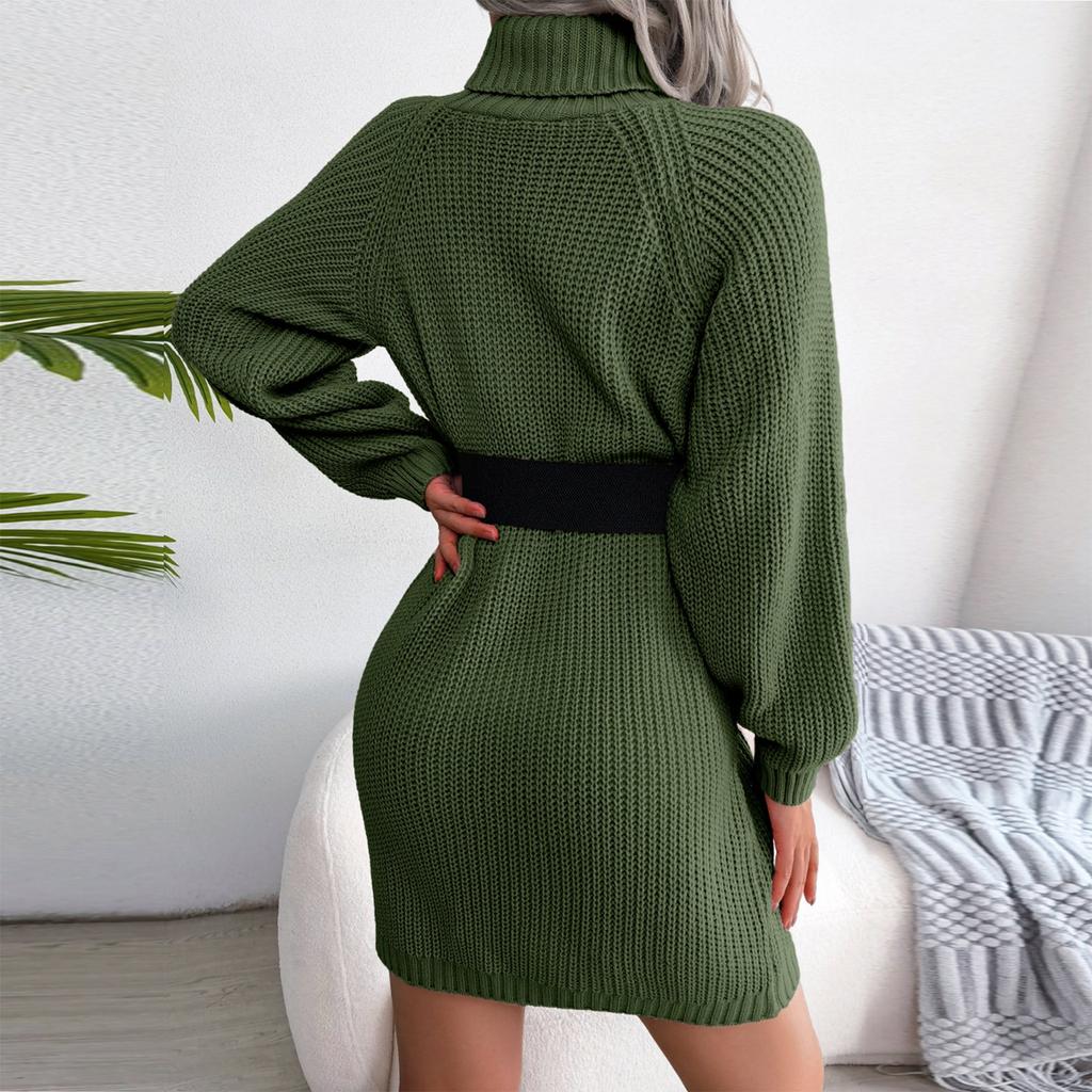 Women's  And Winter European And American Casual Button Turtleneck Long-sleeved Bottoming Sweater Dress