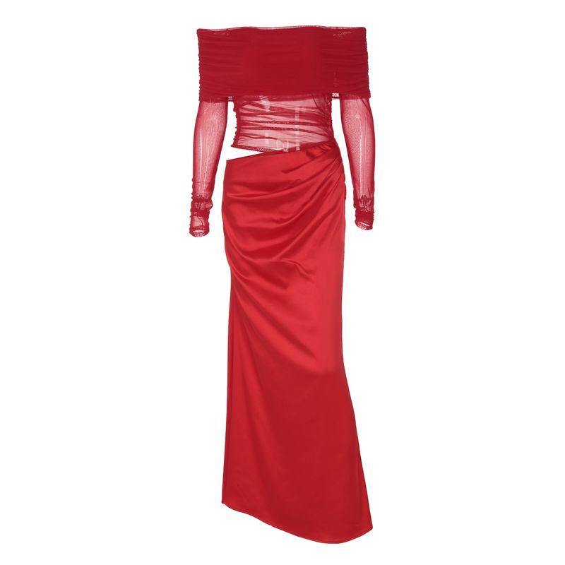 Shemoda Fashion Ins Style Sexy off-the-Shoulder off-Neck Mesh Patchwork Waist-Slimming Cut Out Long Sleeves Dress Women's Clothing
