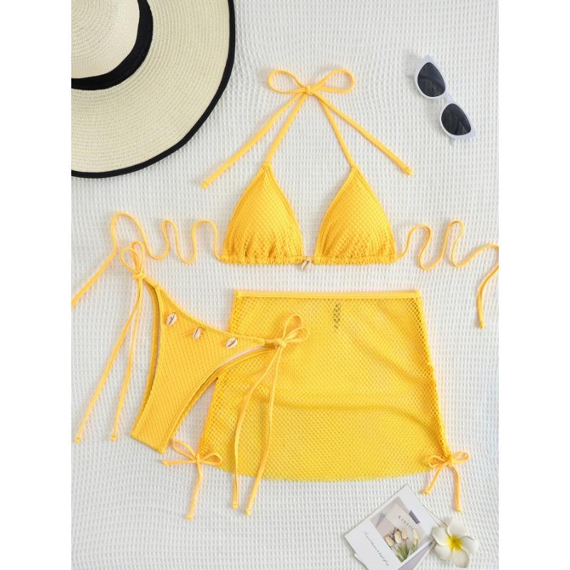 Brown Fishnet 3 Piece Bikini Set with Seashell Decor & Cover Up Skirt