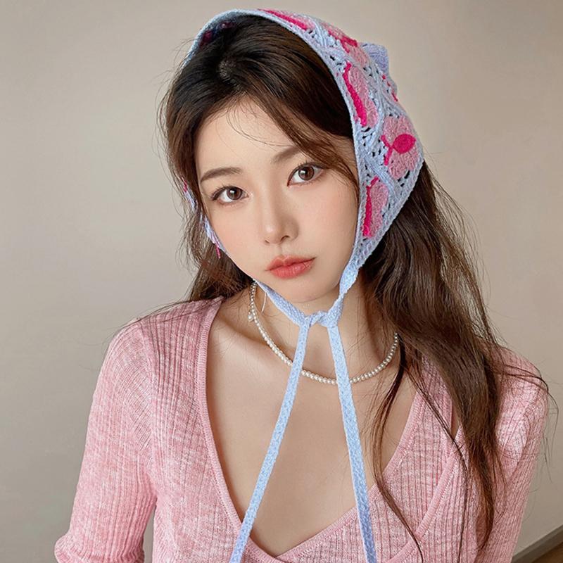 Headscarf Hat Pastoral Style Triangle Headband For Women Girls Handmade Crochet Headband Little Flower Headscarf