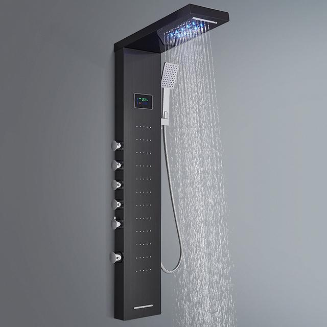 Grifo de Ducha de Lluvia con Pantalla Digital para Baño SPA Masajeador Jets Panel de Ducha Negro con Alcachofa Manual Bidet Aspersor Grifo