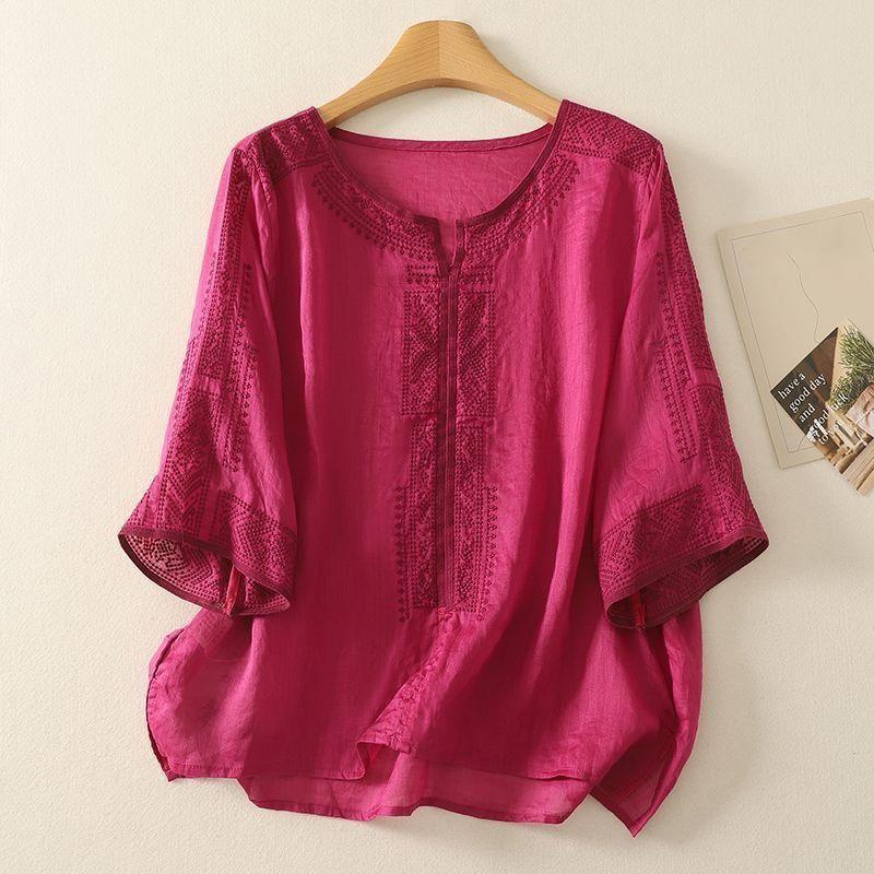 Linen Embroidery Women's T Shirt Loose Pullover Tee O Neck Thin Shirt Three Quarter Sleeves Summer Retro Blouse