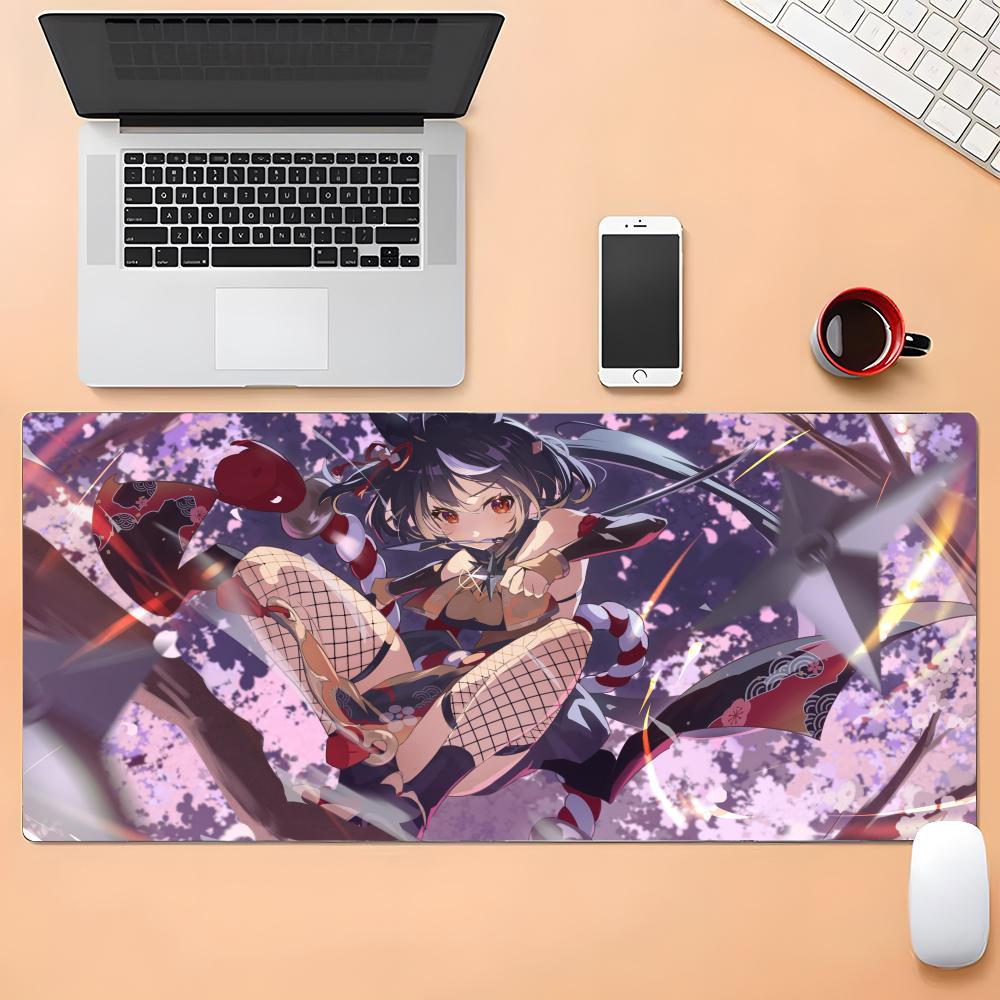 Antislip Gaming Mouse PadStitched Edge Desk MatLarge Size Action Pose Anime Girl with Cherry BlossomKeyboard Pad for Gamers
