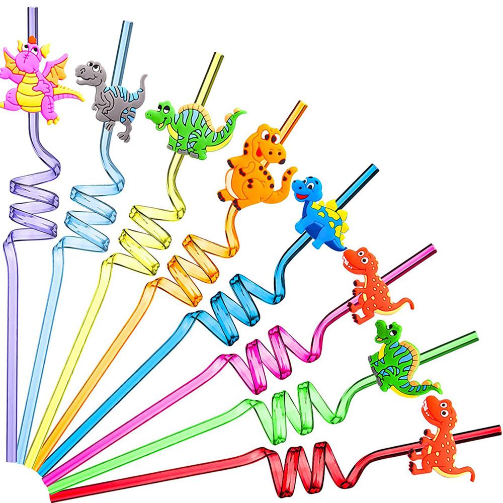 Straw Kids Drinking Decor Straws-Plastic Dino Theme Cartoon Pattern Dinosaur Reusable Straws