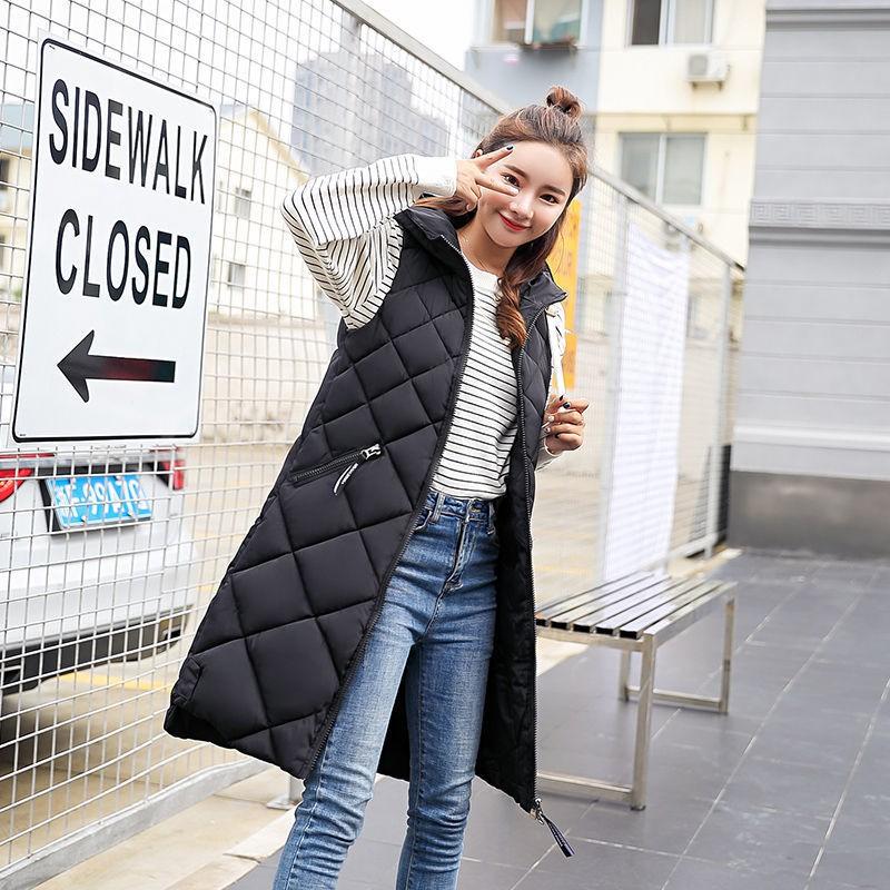 Womens Hooded Quilted Cotton Vest Mid-Length Warm Sleeveless Puffer Waistcoat Streetwear Casual Outerwear