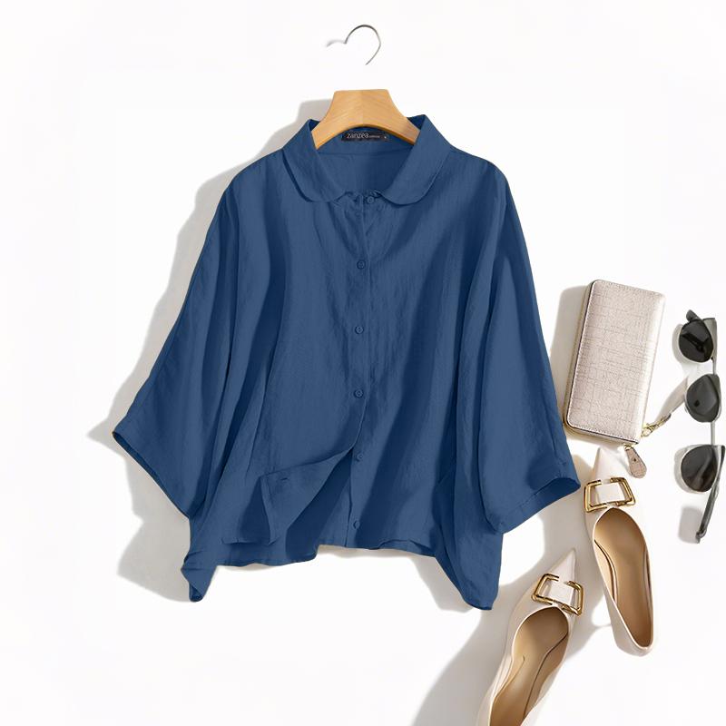 

ZANZEA Женские повседневные свободные однотонные блузки с длинными рукавами и рубашками 2XL тёмно-синий