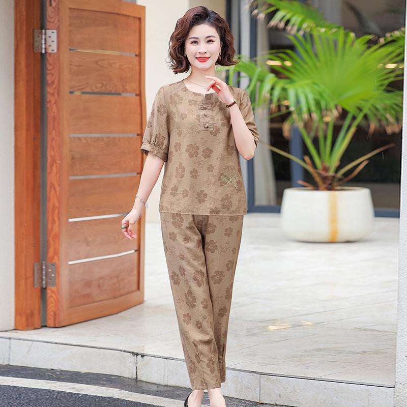 

Stylish Cotton Linen Two-Piece Set for Middle-Aged Women: Printed Mid-Sleeve Top & Fashionable Wide-Leg Pants 5XL (Recommended: 145-160 jin)