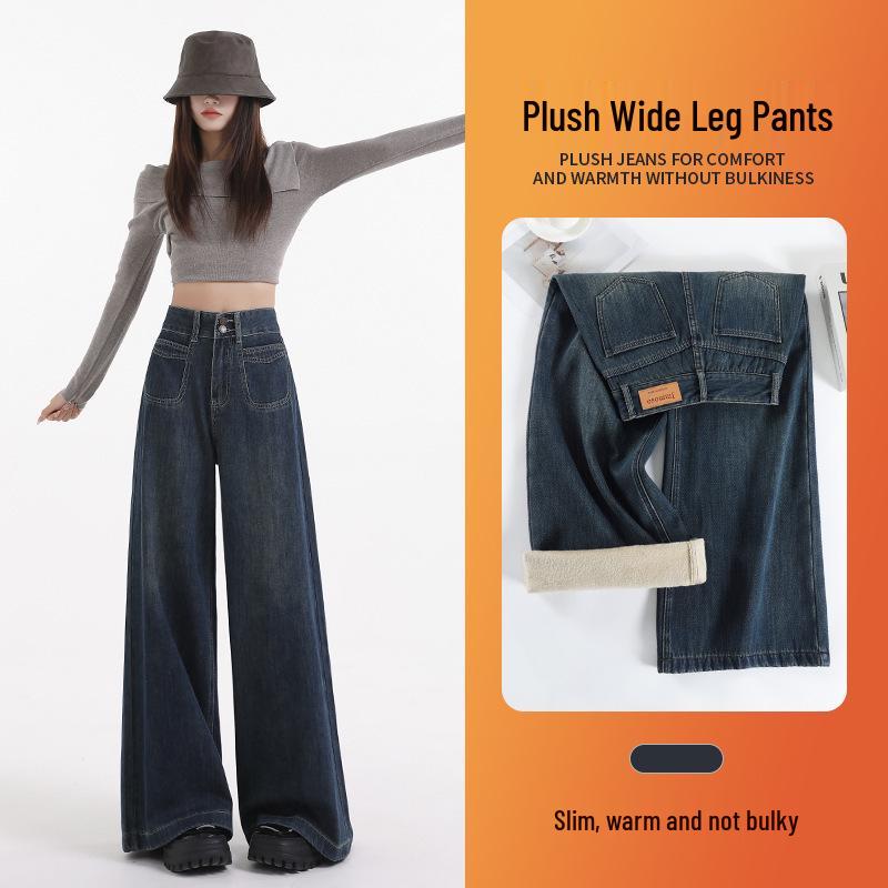 Women's High-Waisted Velvet Wide-Leg Jeans for Autumn and Winter