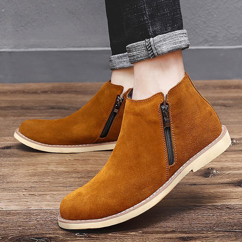 Fashion Italian Genuine Leather Men Boots Business Winter Zipper Slip On British High Boot Mens Cowhide Pointy Boots Suede Chelsea Boots