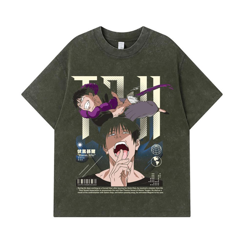 

Стиранные футболки 275 г/м² 100% Хлопок Jujutsu Kaisen V47 Принт Тодзи Унисекс Плотная хлопковая футболка S