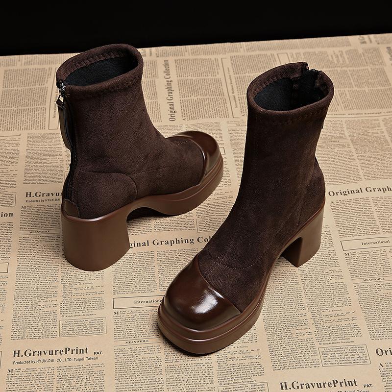 Small Height Increase Thick Heel Short Boots Women's Autumn New Fashion Rear Zipper Suede Elastic Thin 