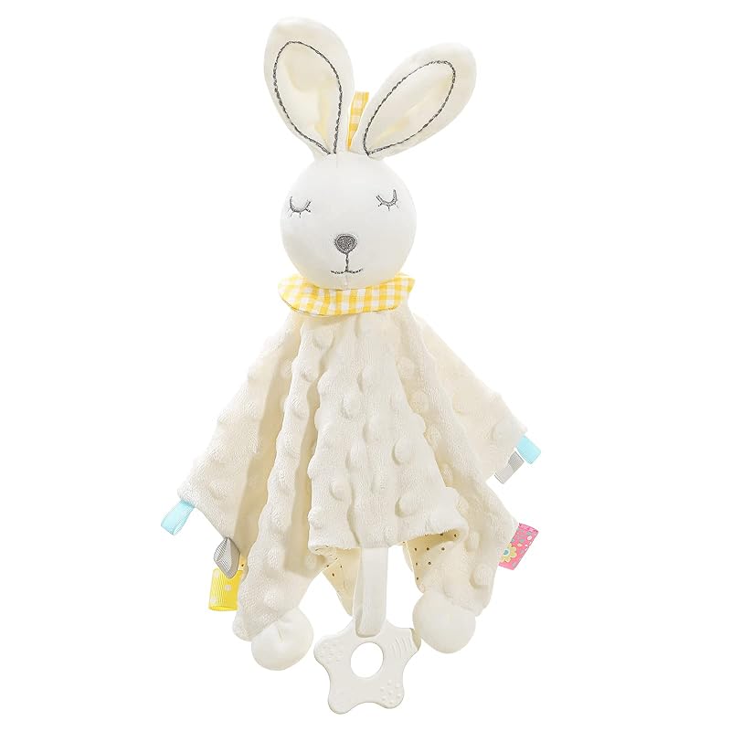 Zooawa Loveys for Babies, Security Blanket Soft Stuffed Animal Bunny Lovey Unisex Lovie Baby Stuff Snuggle Blanket with Tags Teether Bells, Soothing White Rabbit