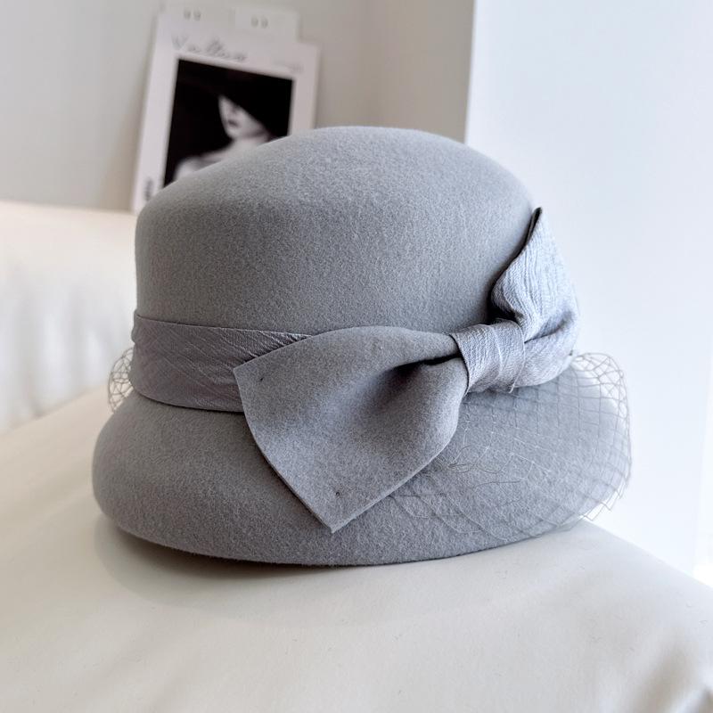 Hepburn small fragrant wool basin hat Autumn winter simple elegant bow fisherman hat women's banquet top hat