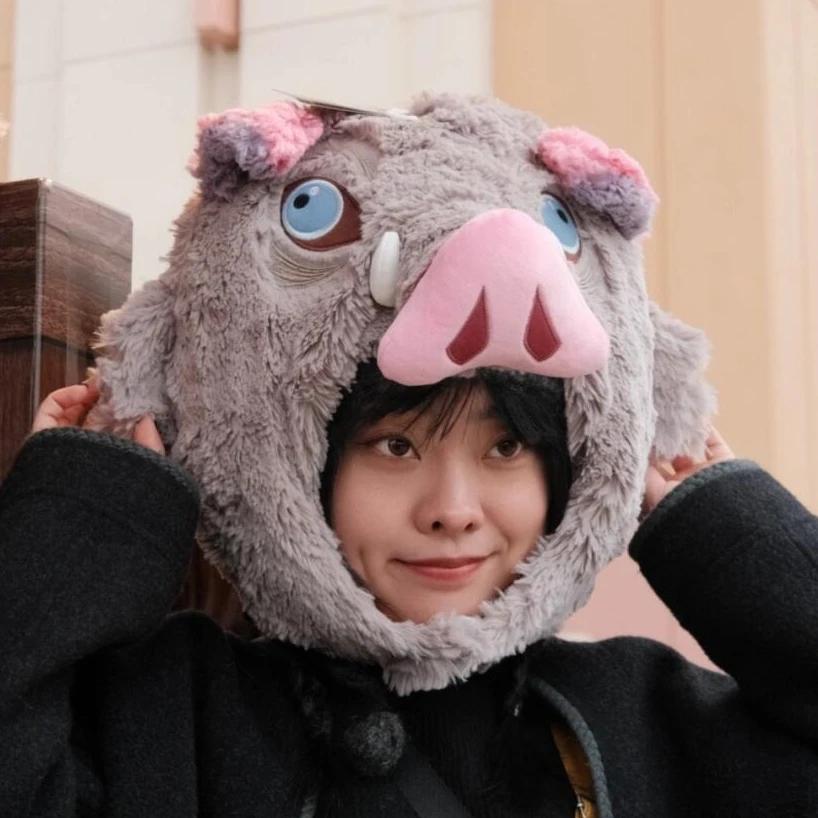 Kawaii Cosplay Prop Wild Boar Head Plush Hat Demon Slayer Hashibira Inosuke Warm Headgear Japanese Style Stuffed Anime Xmas Gift