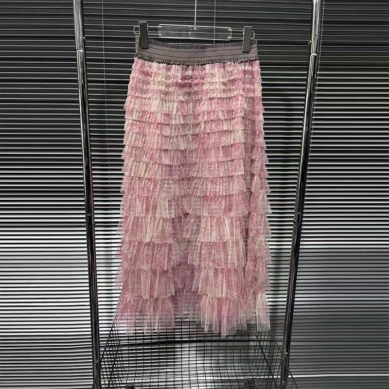 Early autumn new Korean fashion beautiful age-reducing girl gauze cake skirt mesh long skirt pleated skirt One size fits all розовый