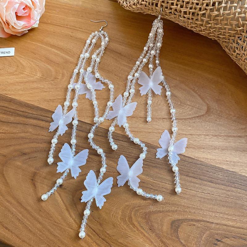Holiday wind crystal beaded chiffon butterfly fringed ear hook summer seaside sweet earrings super fairy premium earrings