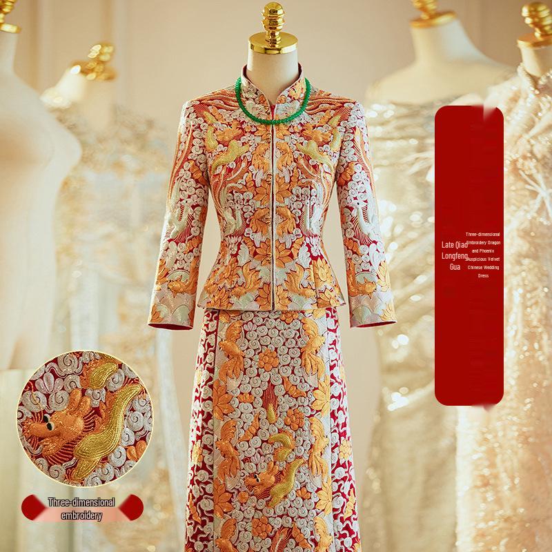 

2024 Новое платье Сюхэ для похудения в китайском стиле - Куа с тяжелой промышленностью, Император Дракон и Феникс, Свадебное платье, Доступны большие размеры 2XL