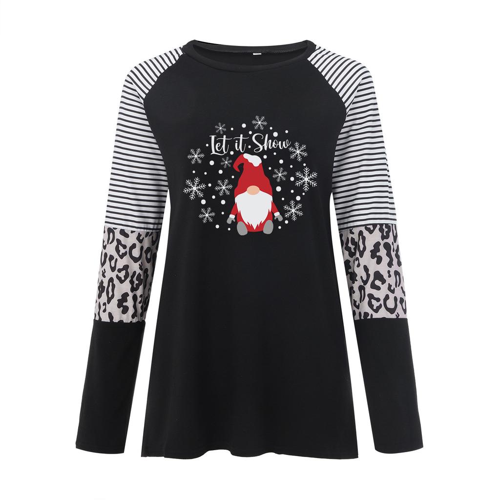 Women's Fashion Christmas Print Splicing Long Sleeve Round Neck Loose Tops