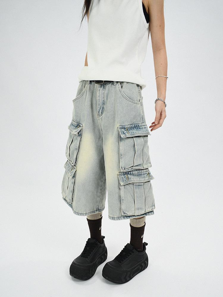 

Унисекс Винтажные Потертые Джинсы Капри Рабочая Одежда с Множеством Карманов Large синий