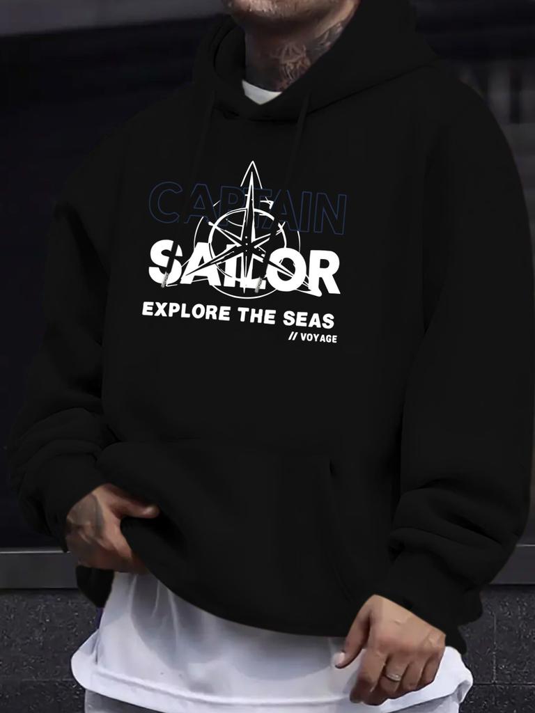 unisex Casual All-Match Style Fashion Hoodie, New Unique Design, Nautical Theme Print with Bold Text And Compass Pattern - Casual Pullover, Kangaroo P