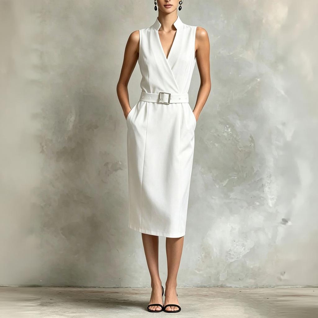Women's Sleeveless Dress with Pockets and Belt, Casual Summer Outfit