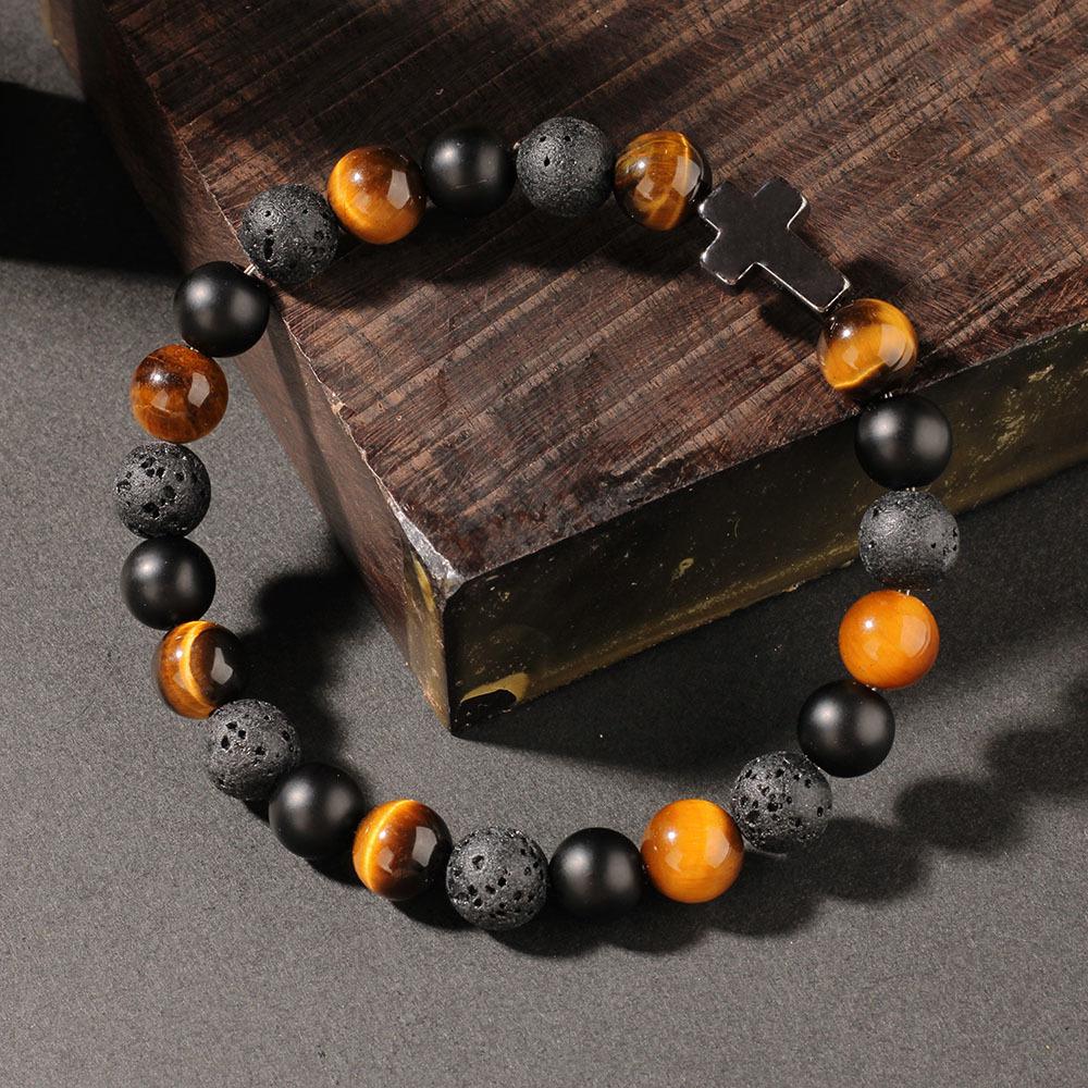 8MM Tiger Eye Stone Cross Bracelet For Men Punk Lava Rock Beads Natural Stone Chain Bangle Male  Daily Wear Jewelry