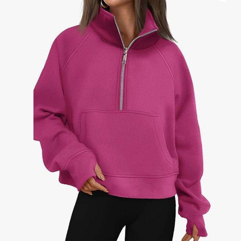Women's Raglan Sleeve Fleece Loose Coat - Half-Zip Stand Collar Sweatshirt for Autumn and Winter