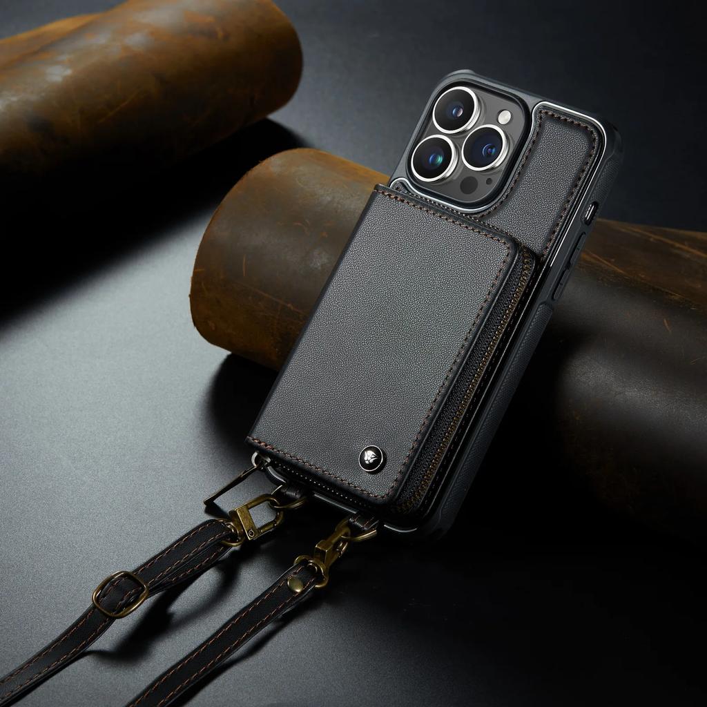 Zipper Leather Wallet Phone Case For iPhone 16 Pro Max 14Plus 14 15 13 12 11 Cards Holder Solt Stand Hand Strap Back Cover Coque