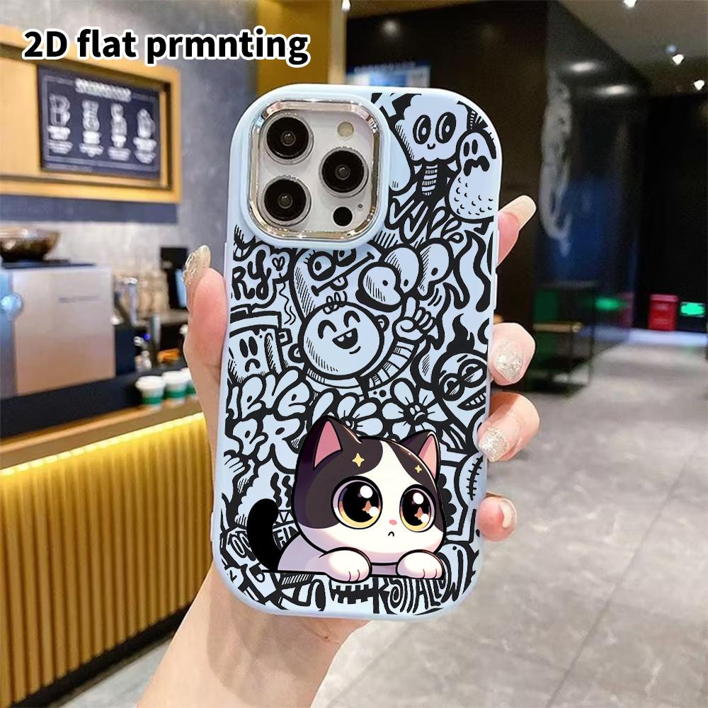 Phone Case: 2D Flat Design Suitable for iPhone 18, 17, 16, 15, 14, 13 Pro Protective Case, Couple Style, Black and White Lazy Cat, Christmas and Hallo