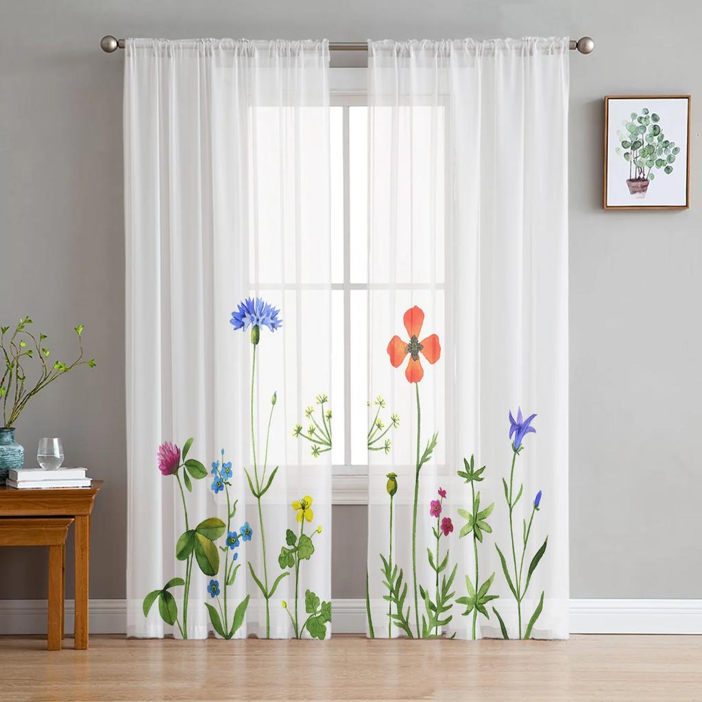 Aquarellmalerei Blumen Blätter Weiß Tüll Gardinen für Wohnzimmer Schlafzimmer Dekor Fenster Vorhang Voile Organza Vorhänge