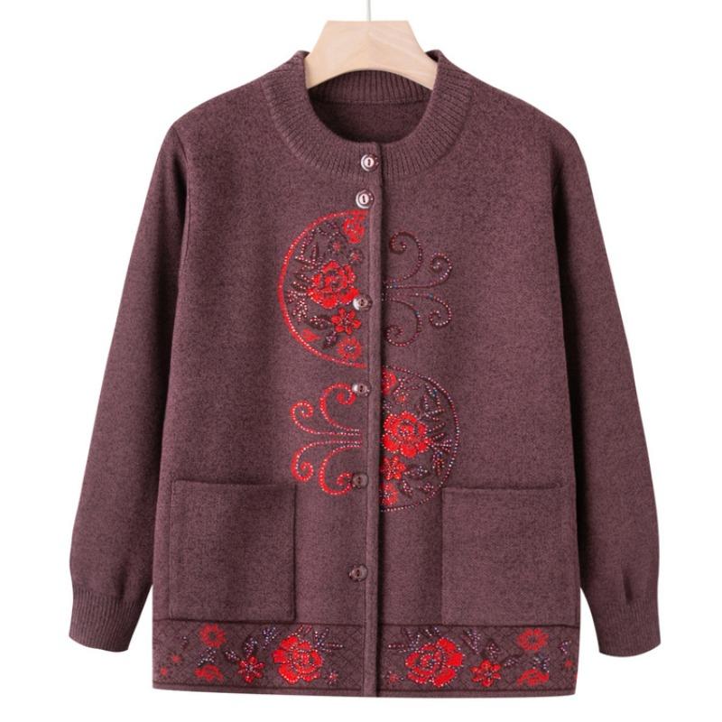 Grandma Crew Neck Sweater New Autumn Mom Knitted Sweater Cardigan Jacket Old Lady Clothes Women