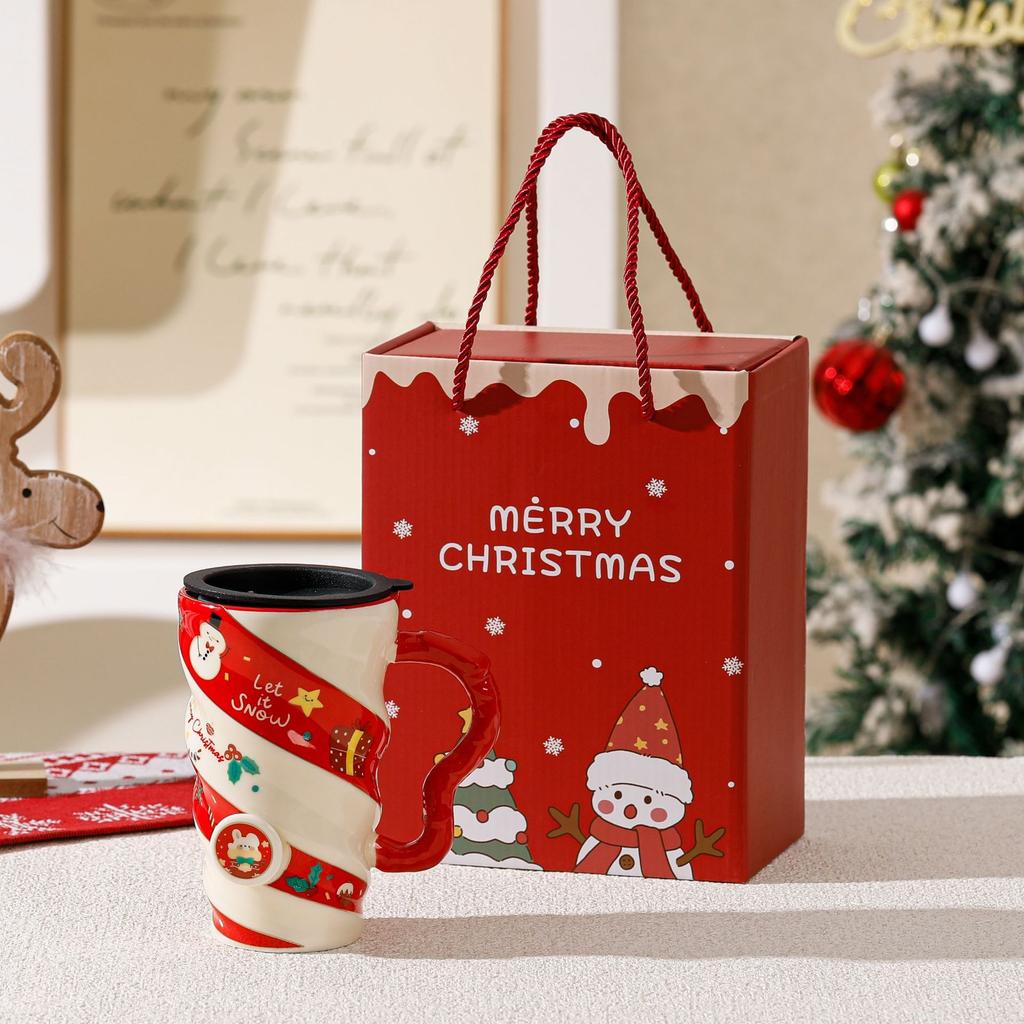 2025 New Christmas Ceramic Cup Threaded Reindeer Large Capacity Creative Mug with Lid Gift Box Cup Cross-border Christmas Gift Y