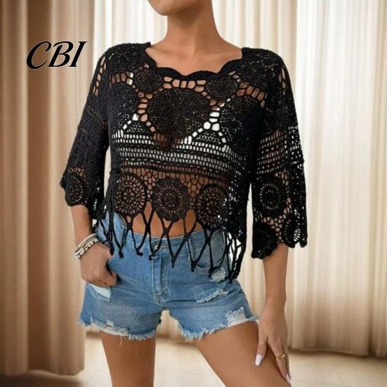 Blusa de Ganchillo Holgada para Mujer, Tops Redondos con Mangas Acampanadas de 3/4, Cubre Ropa Hueca de Manga Tres Cuartos, Tops de Punto con Protección Solar para Verano en la Playa