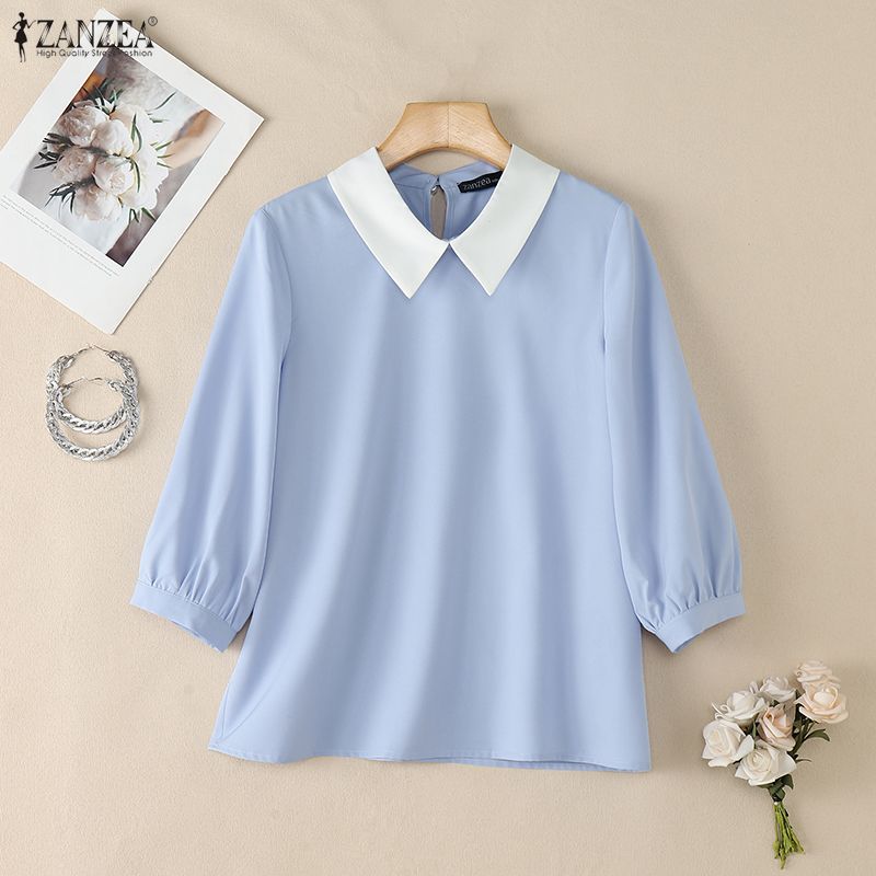ZANZEA Women Casual Turn Down Collar 3/4 Sleeve Loose Blouse