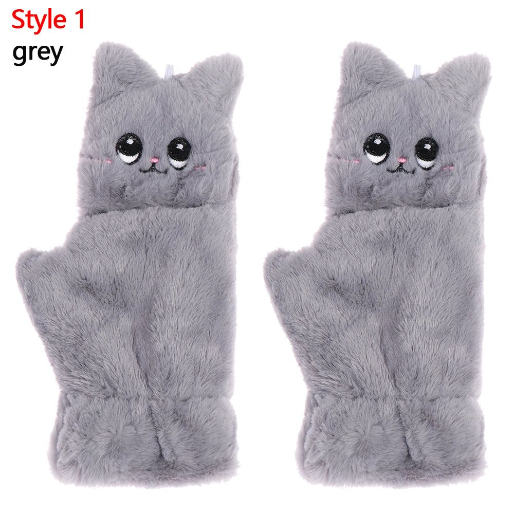 Winter Cute Cat Soft Plush Thick Warm Mittens Faux Rabbit Hair Gloves Half Finger