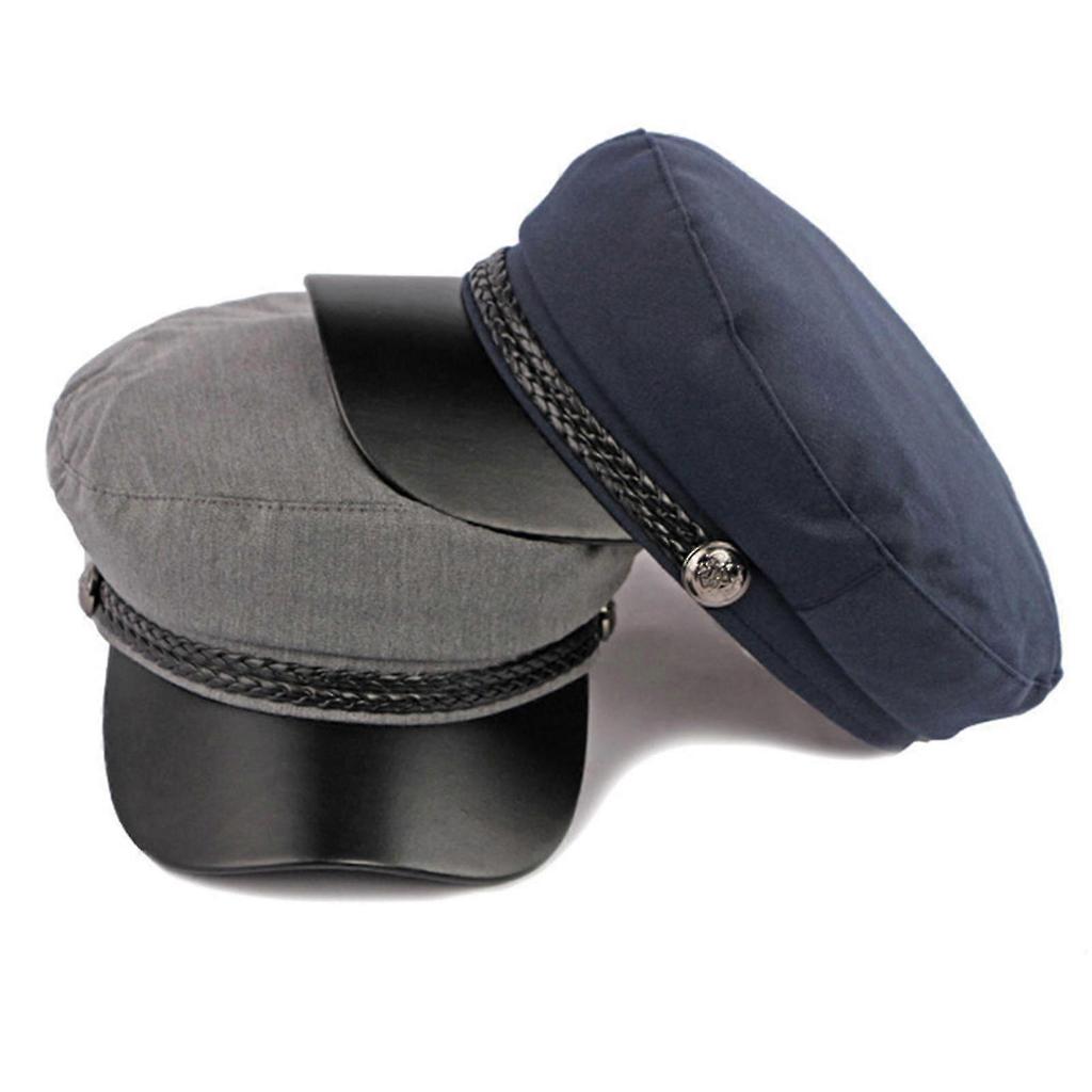 Spring Autumn Women Captain Cap Faux Leather Brim Flat Top Braided Decoration Cap Contrast Color Adjustable Sailor Hat For Vacation