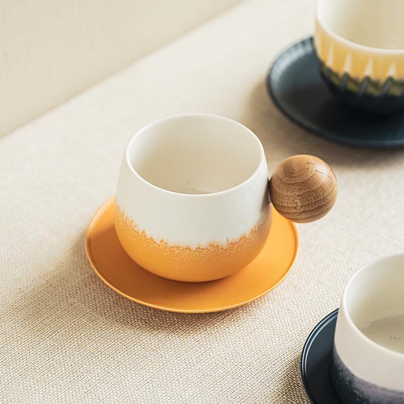 Exquisite Ceramic Coffee Cup and Saucer Set with Wood Handle 330ML