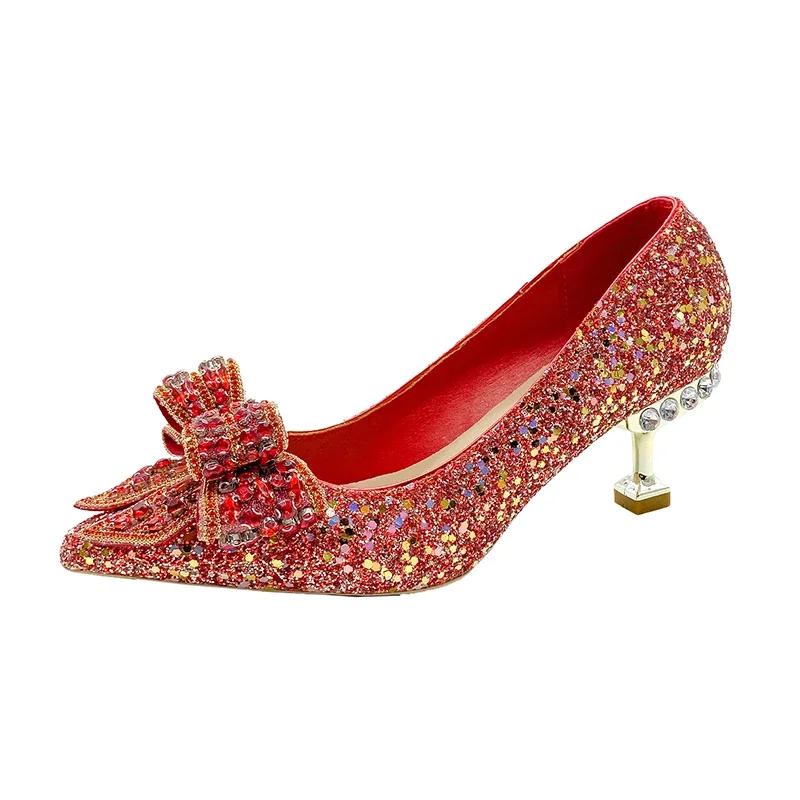 Fashion Women's Rhinestone Wedding Shoes New Year Shoes Luxury Buckle Decorative Banquet Women's Shoes High Heels Gold Silver Red