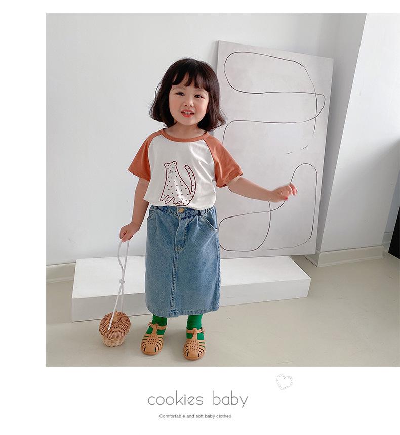 Girls' 2025 Summer Color Block Cartoon Print Cotton T-shirt, Round Neck, Short Sleeve