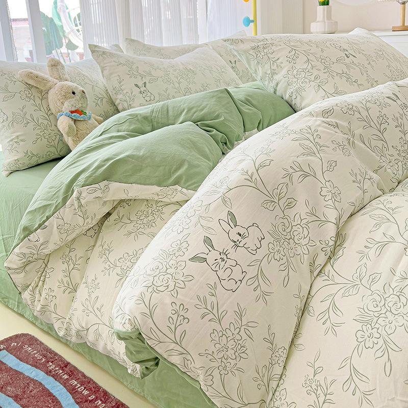 Small Fresh Mattress Quilt Cover Class A Maternal And Infant Grade Cartoon Dormitory Bed Sheet Three-Piece Set Super Soft Washed Cotton 4Pcs Set