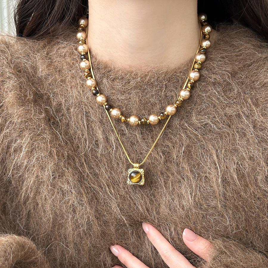 Gold-Plated Tiger Eye Pendant Necklace - Retro Y2K Clavicle Chain