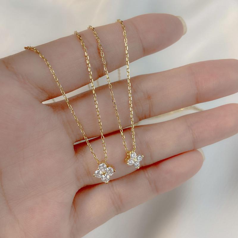 

Japanese S925 Sterling Silver 14K Gold-Plated Zirconia Four-Leaf Clover Necklace Large 42cm + 3cm Extender
