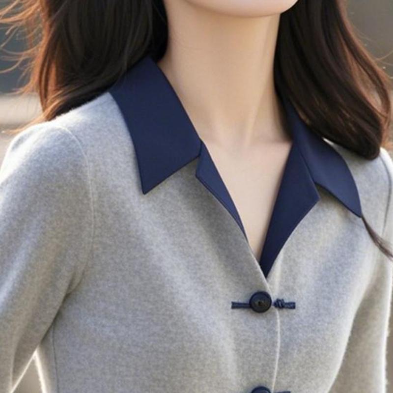 Chinese Style Grey Polo Collar Knit Top Autumn Winter Lapel Shirt