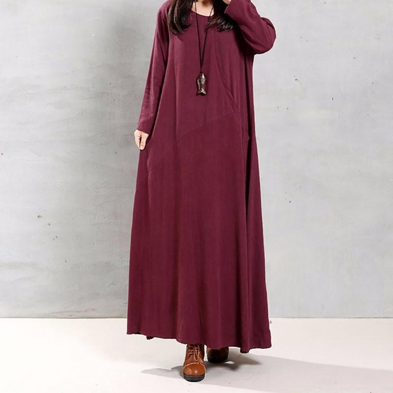 Elegant Plus Size Women Cotton Long Sleeve Vintage Kaftan Casual Maxi Dress